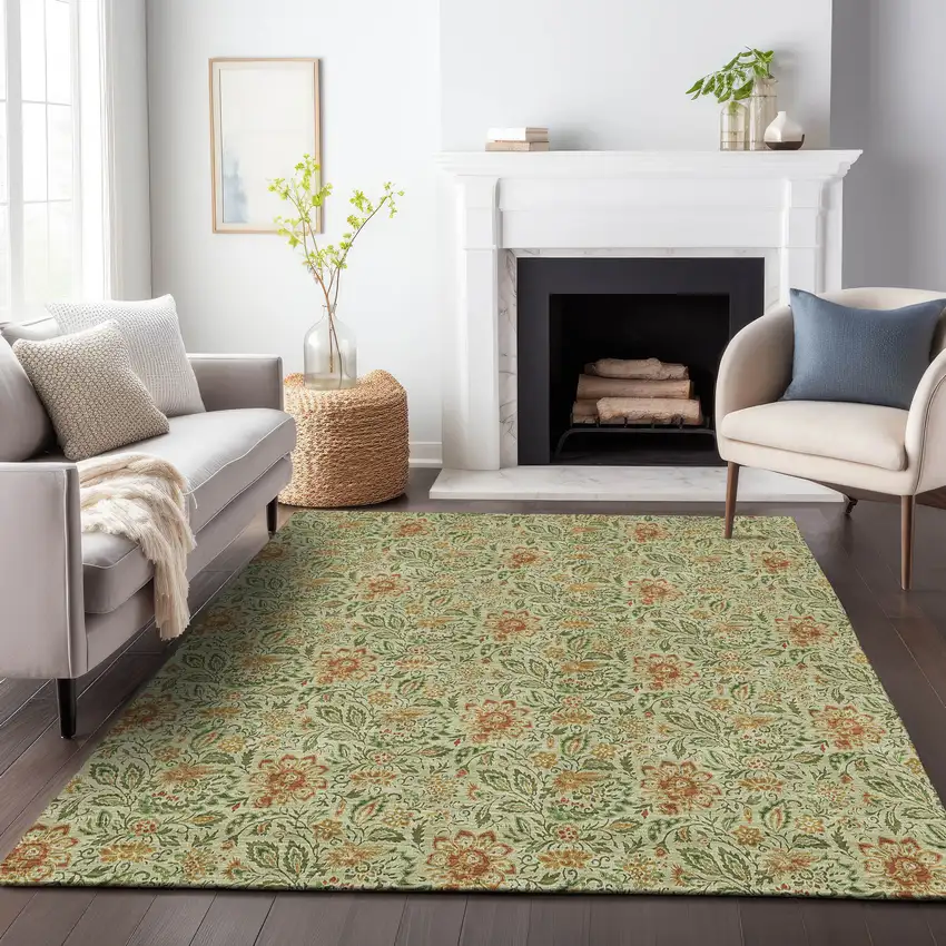 Artichoke Green And Rust Floral Washable Area Rug With UV Protection Photo 5