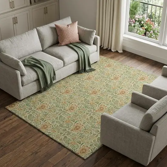 Artichoke Green And Rust Floral Washable Area Rug With UV Protection Photo 1