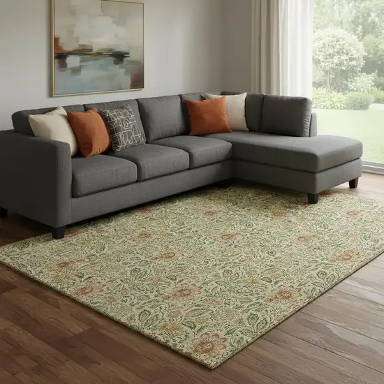 Artichoke Green And Rust Floral Washable Area Rug With UV Protection Photo 1