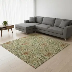 Photo of Artichoke Green And Rust Floral Washable Area Rug With UV Protection