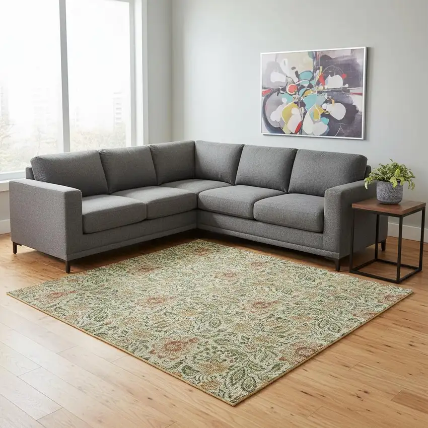 Artichoke Green And Rust Floral Washable Area Rug With UV Protection Photo 1