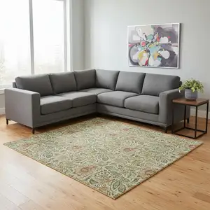 Photo of Artichoke Green And Rust Floral Washable Area Rug With UV Protection