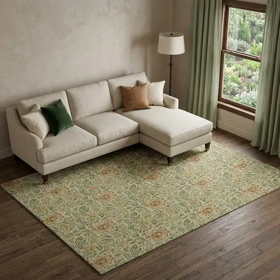 Artichoke Green And Rust Floral Washable Area Rug With UV Protection Photo 1
