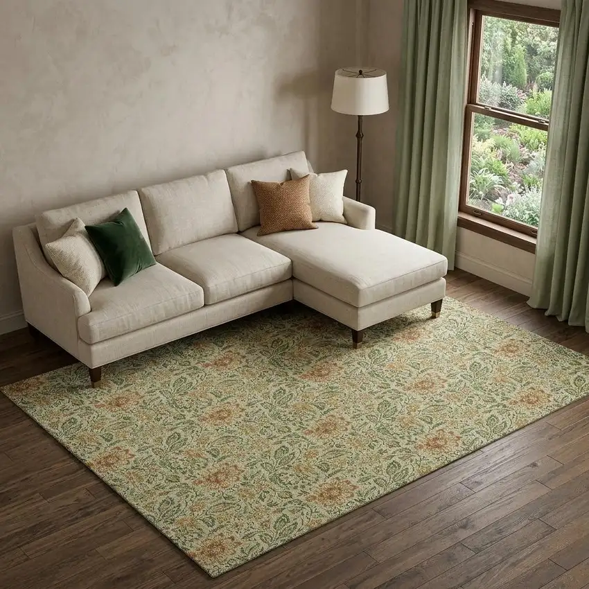 Artichoke Green And Rust Floral Washable Area Rug With UV Protection Photo 1