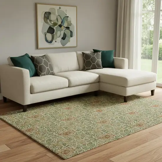 Artichoke Green And Rust Floral Washable Area Rug With UV Protection Photo 1