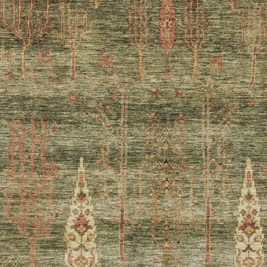 Artichoke Green And Rust Floral Washable Area Rug With UV Protection Photo 3