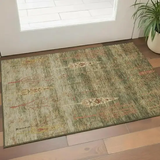 Artichoke Green And Rust Floral Washable Area Rug With UV Protection Photo 2