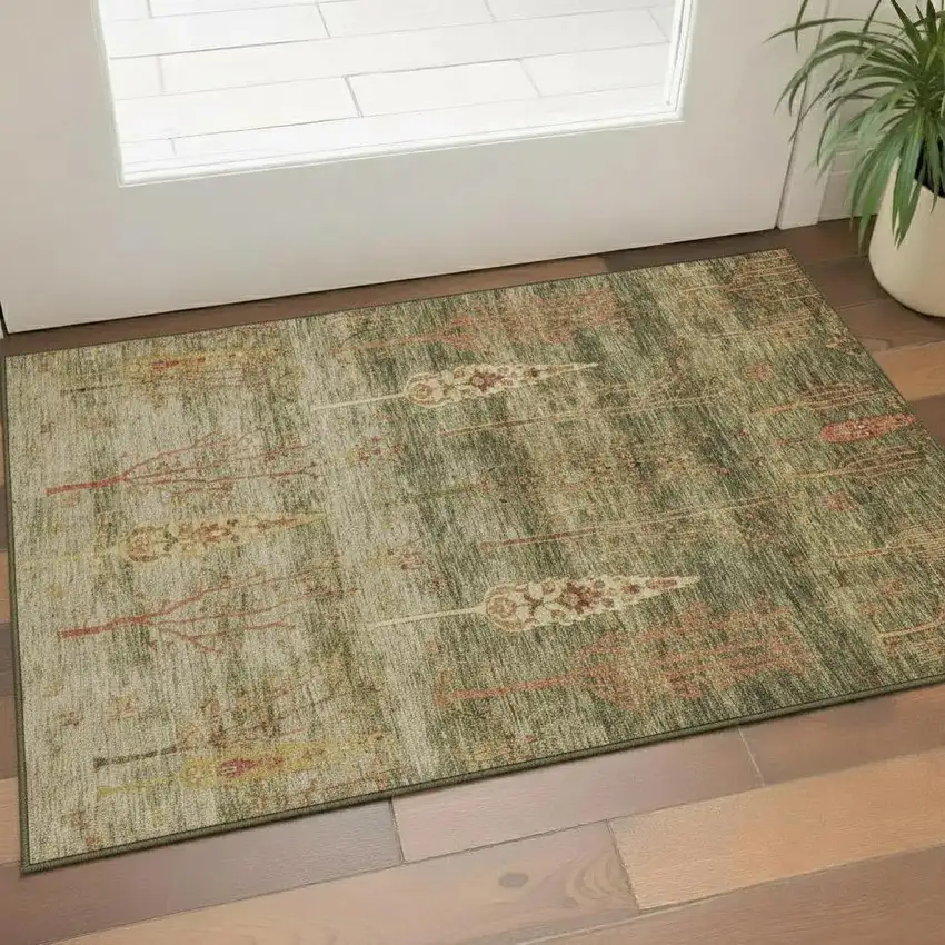 Artichoke Green And Rust Floral Washable Area Rug With UV Protection Photo 2