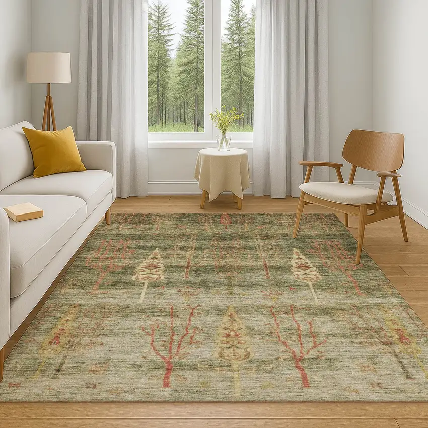 Artichoke Green And Rust Floral Washable Area Rug With UV Protection Photo 6