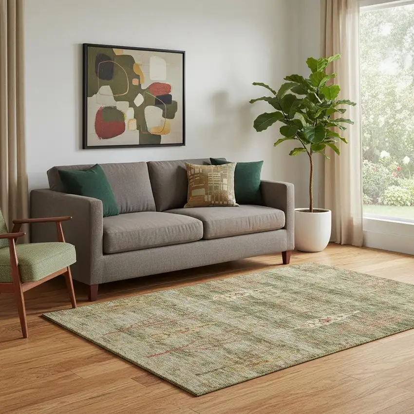 Artichoke Green And Rust Floral Washable Area Rug With UV Protection Photo 2