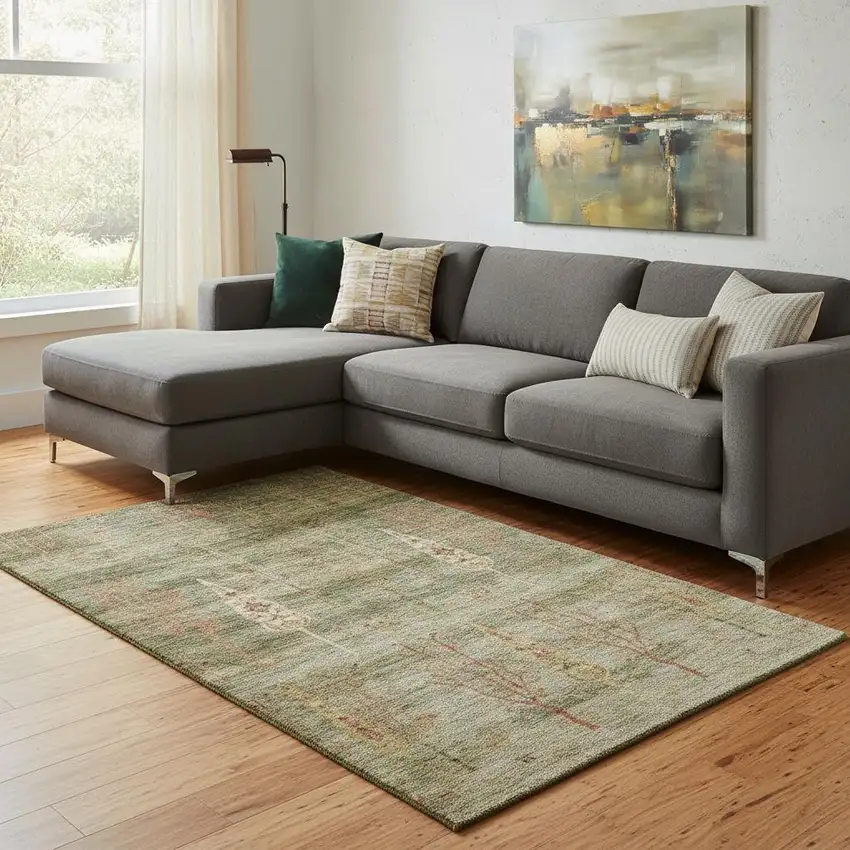 Artichoke Green And Rust Floral Washable Area Rug With UV Protection Photo 2