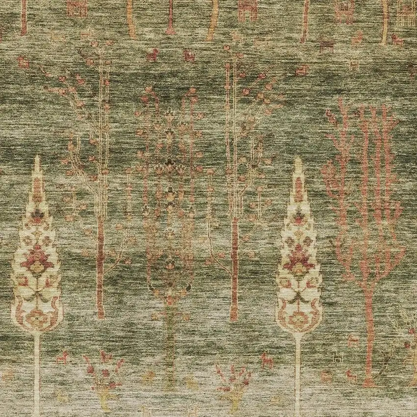 Artichoke Green And Rust Floral Washable Area Rug With UV Protection Photo 3