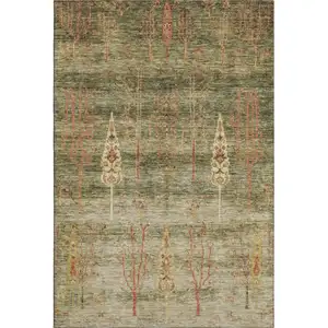 Photo of Artichoke Green And Rust Floral Washable Area Rug With UV Protection