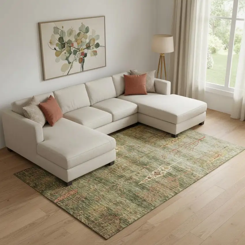 Artichoke Green And Rust Floral Washable Area Rug With UV Protection Photo 2