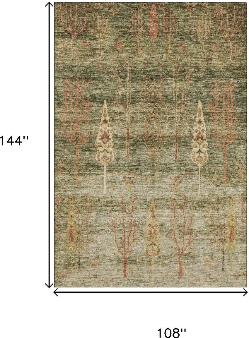 Artichoke Green And Rust Floral Washable Area Rug With UV Protection Photo 9