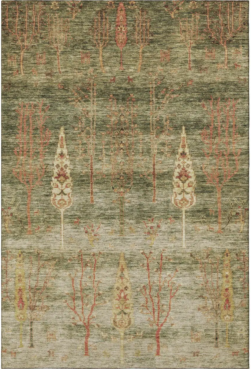Artichoke Green And Rust Floral Washable Area Rug With UV Protection Photo 4