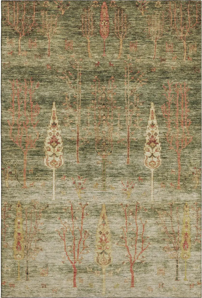 Artichoke Green And Rust Floral Washable Area Rug With UV Protection Photo 1