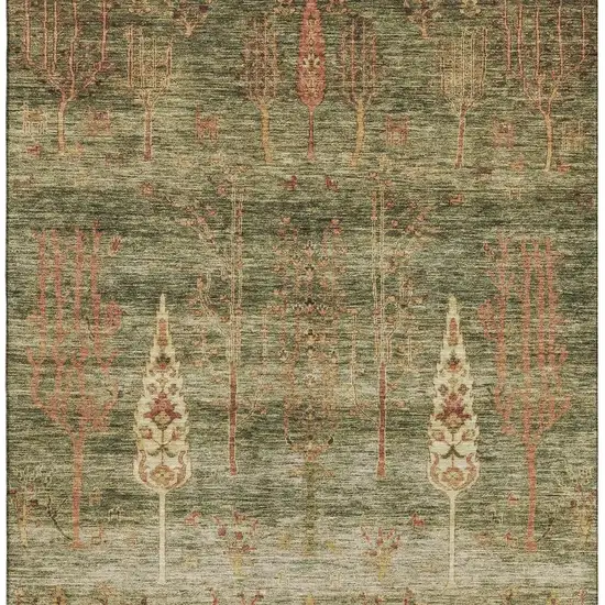 Artichoke Green And Rust Floral Washable Area Rug With UV Protection Photo 3