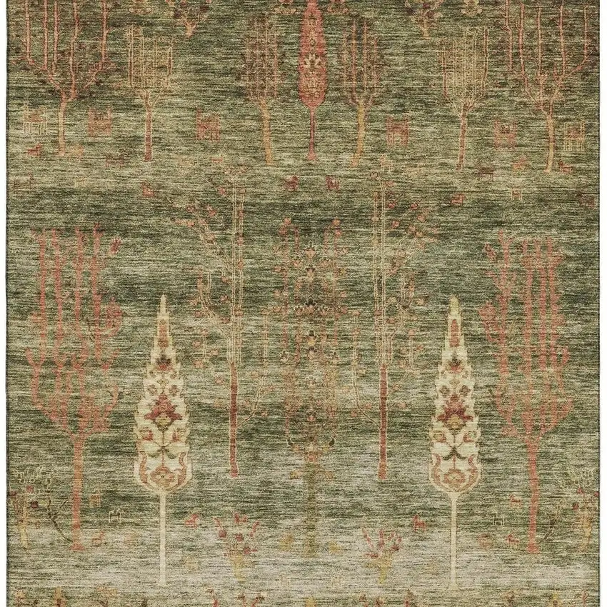 Artichoke Green And Rust Floral Washable Area Rug With UV Protection Photo 3