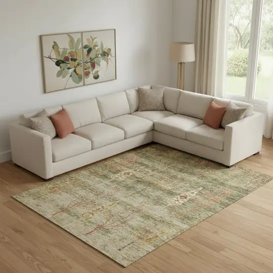 Artichoke Green And Rust Floral Washable Area Rug With UV Protection Photo 2