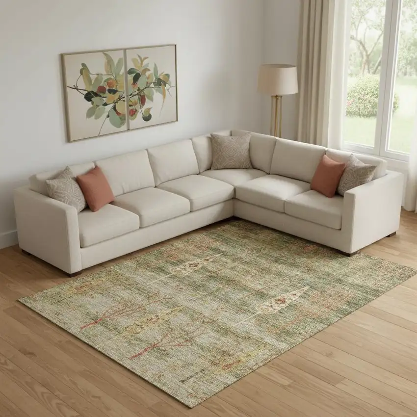 Artichoke Green And Rust Floral Washable Area Rug With UV Protection Photo 2