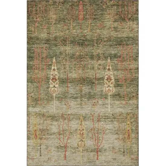 Artichoke Green And Rust Floral Washable Area Rug With UV Protection Photo 4