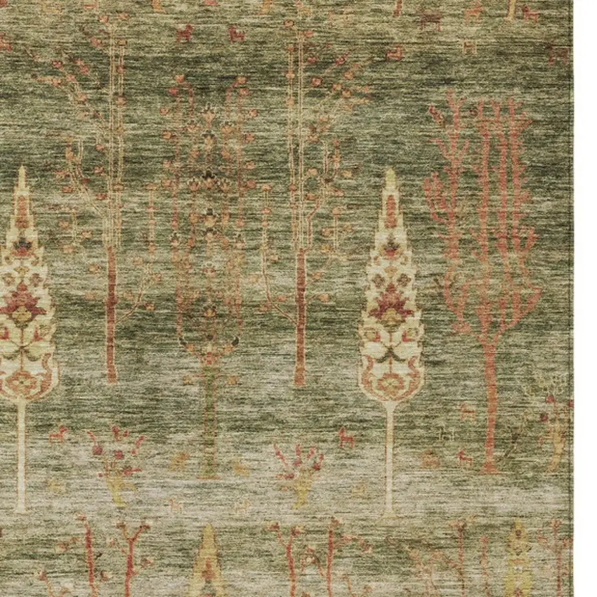 Artichoke Green And Rust Floral Washable Indoor Outdoor Area Rug Photo 7