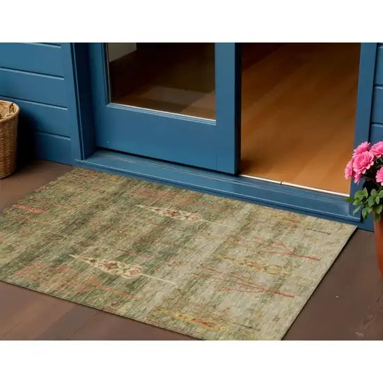 Artichoke Green And Rust Floral Washable Indoor Outdoor Area Rug Photo 2