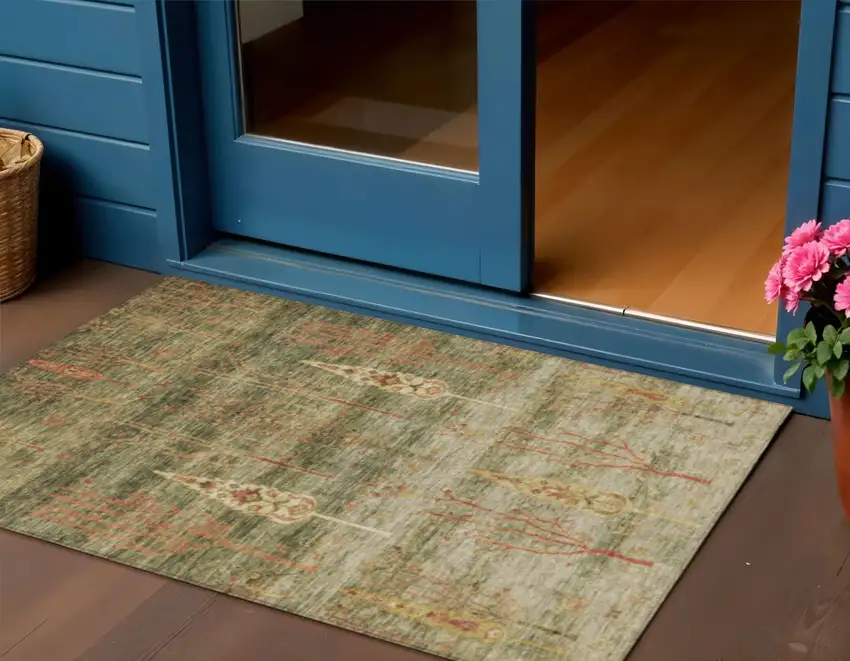 Artichoke Green And Rust Floral Washable Indoor Outdoor Area Rug Photo 2