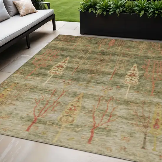 Artichoke Green And Rust Floral Washable Indoor Outdoor Area Rug Photo 2