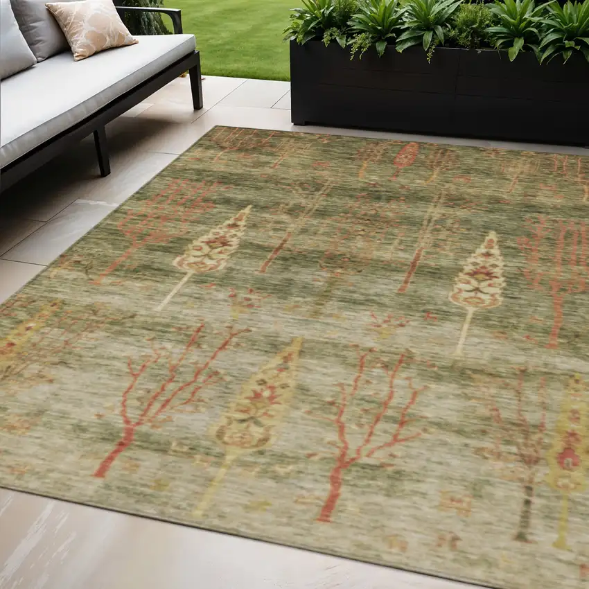 Artichoke Green And Rust Floral Washable Indoor Outdoor Area Rug Photo 2