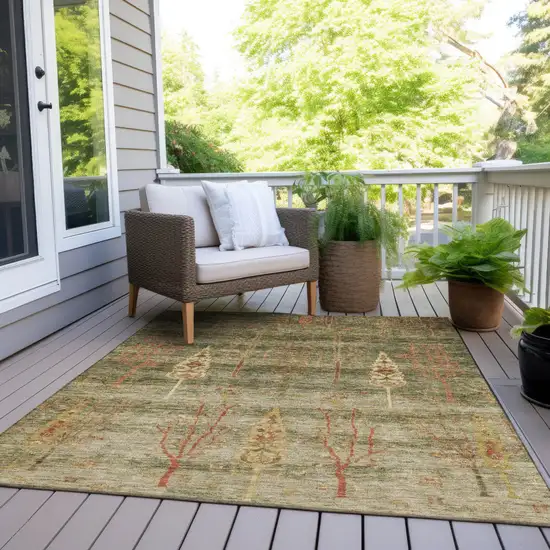 Artichoke Green And Rust Floral Washable Indoor Outdoor Area Rug Photo 8