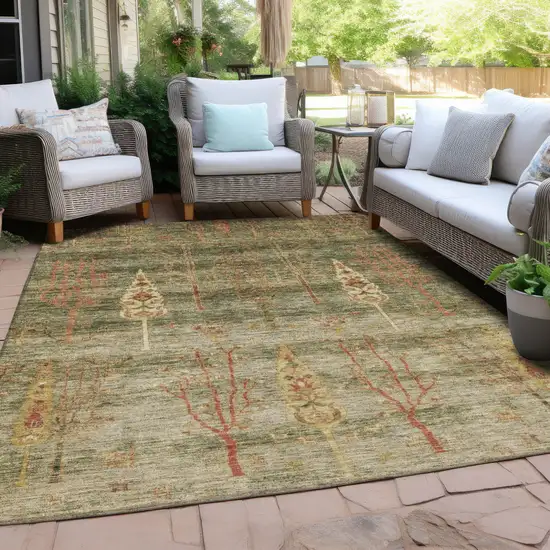 Artichoke Green And Rust Floral Washable Indoor Outdoor Area Rug Photo 5