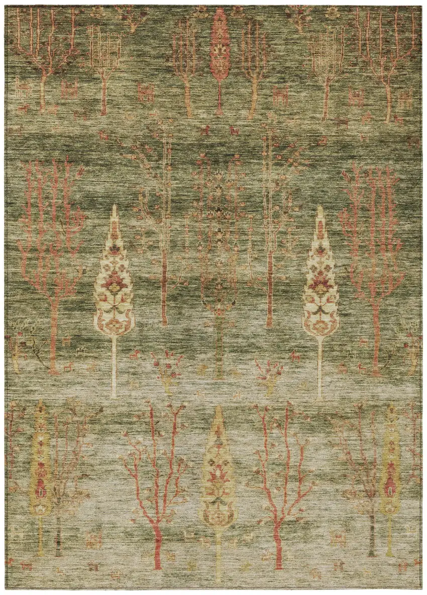 Artichoke Green And Rust Floral Washable Indoor Outdoor Area Rug Photo 1