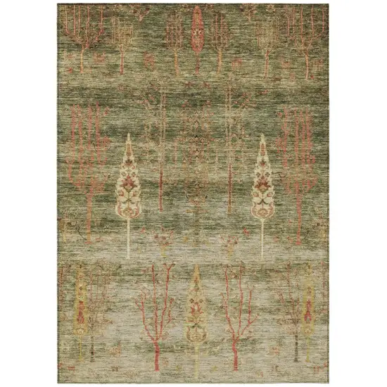 Artichoke Green And Rust Floral Washable Indoor Outdoor Area Rug Photo 1