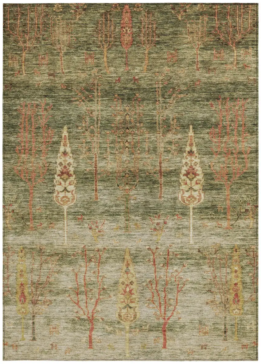 Artichoke Green And Rust Floral Washable Indoor Outdoor Area Rug Photo 3