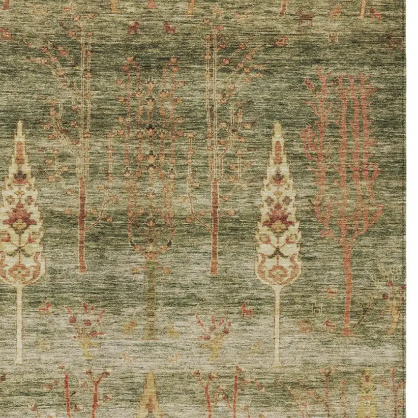 Artichoke Green And Rust Floral Washable Indoor Outdoor Area Rug Photo 6