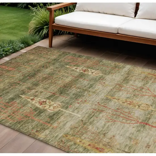 Artichoke Green And Rust Floral Washable Indoor Outdoor Area Rug Photo 2