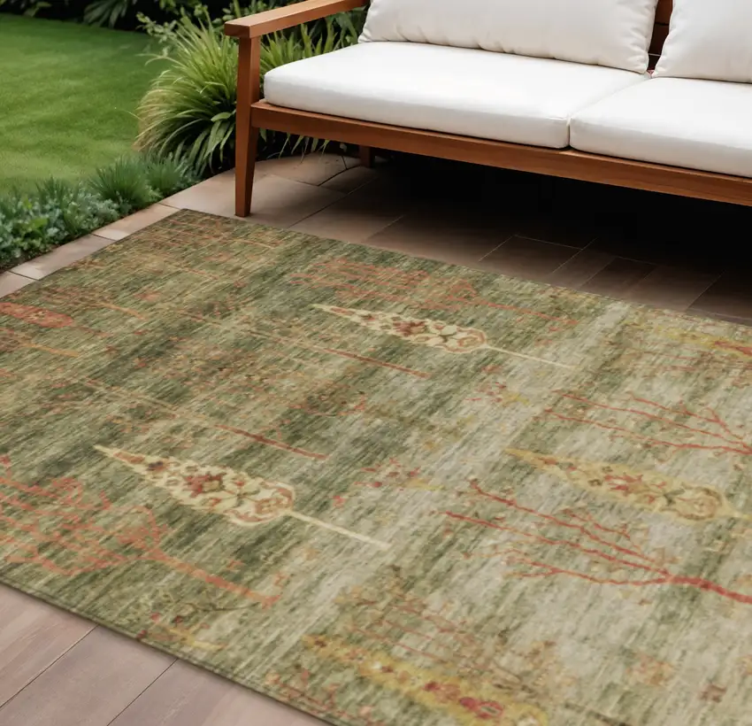 Artichoke Green And Rust Floral Washable Indoor Outdoor Area Rug Photo 2