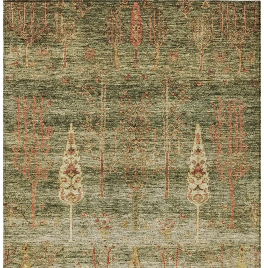 Artichoke Green And Rust Floral Washable Indoor Outdoor Area Rug Photo 9