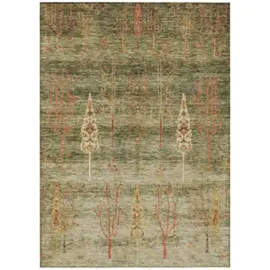 Photo of Artichoke Green And Rust Floral Washable Indoor Outdoor Area Rug