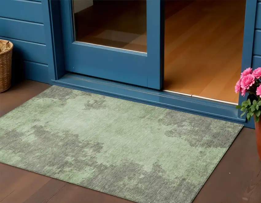 Artichoke Green And Sage Abstract Washable Indoor Outdoor Area Rug Photo 2