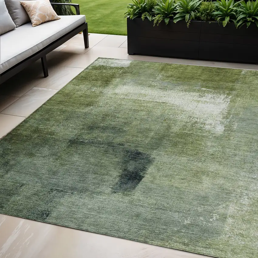 Artichoke Green And Sage Abstract Washable Indoor Outdoor Area Rug Photo 1