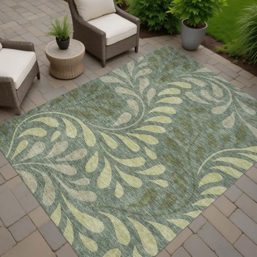 Artichoke Green And Sage Botanical Leaves Washable Indoor Outdoor Area Rug Photo 6