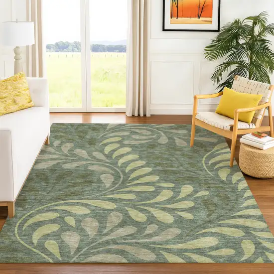 Artichoke Green And Sage Botanical Leaves Washable Indoor Outdoor Area Rug Photo 4