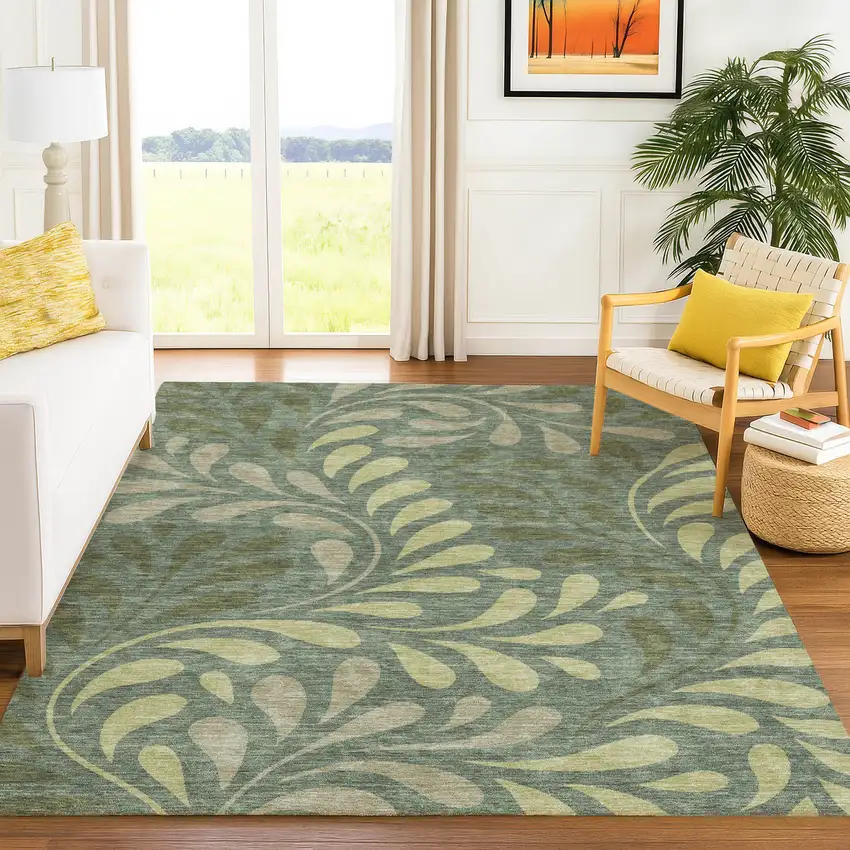 Artichoke Green And Sage Botanical Leaves Washable Indoor Outdoor Area Rug Photo 4