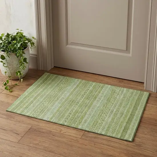 Artichoke Green And Sage Striped Washable Area Rug With UV Protection Photo 1
