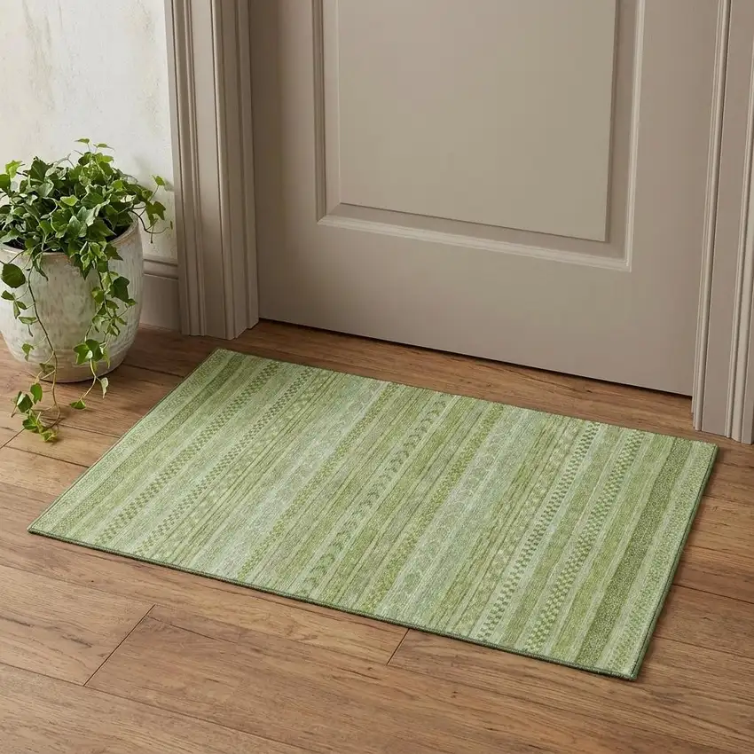 Artichoke Green And Sage Striped Washable Area Rug With UV Protection Photo 1