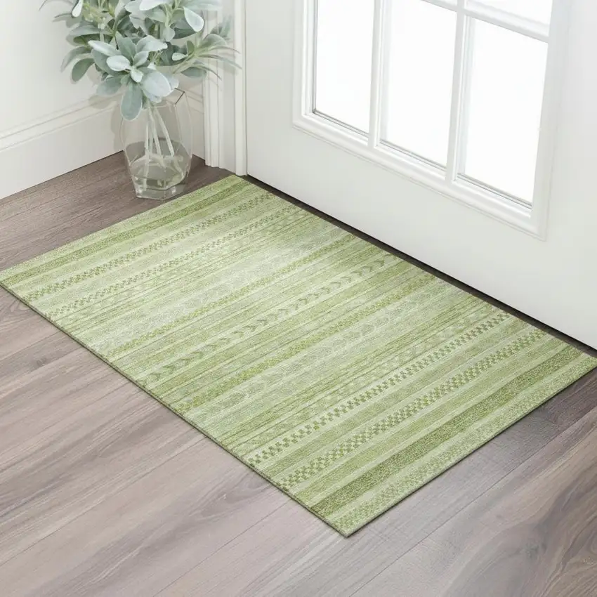 Artichoke Green And Sage Striped Washable Area Rug With UV Protection Photo 2