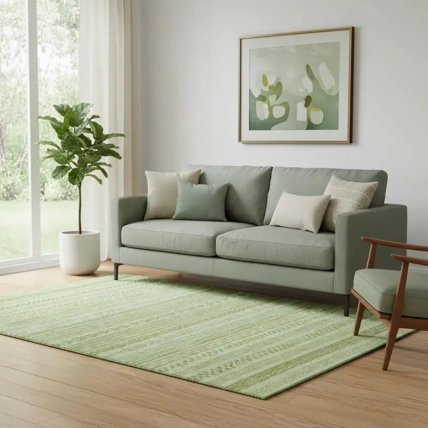 Artichoke Green And Sage Striped Washable Area Rug With UV Protection Photo 2